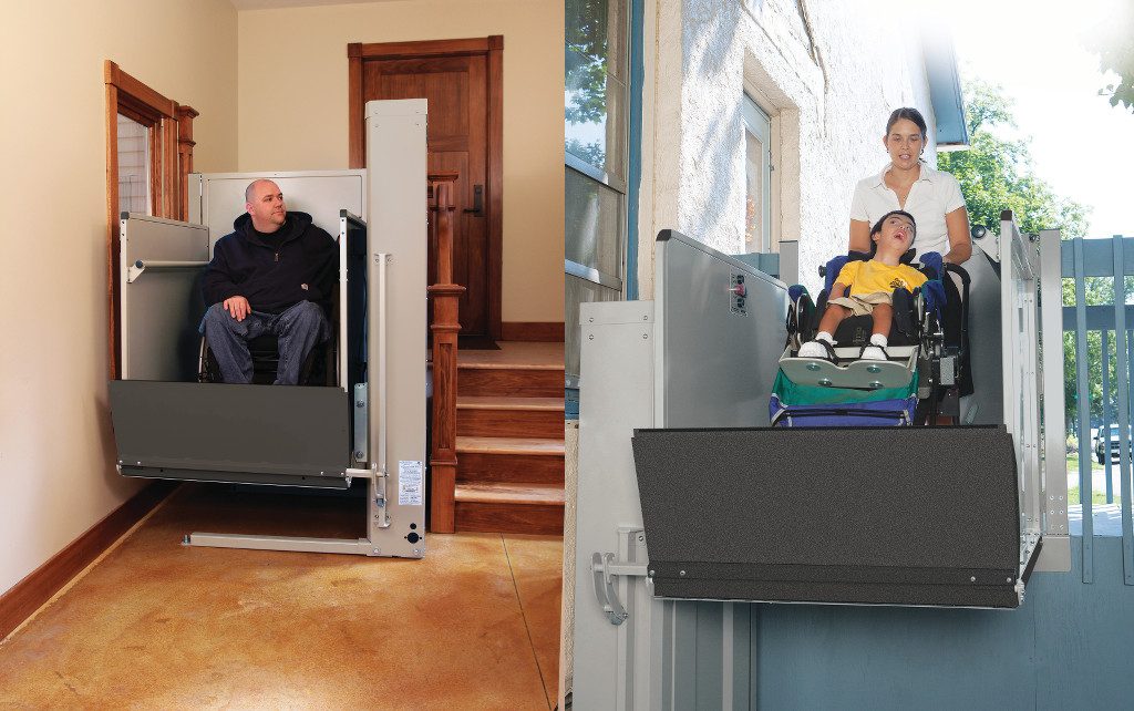 Man in Wheelchair on Vertical Platform Lift. Mother and Child on Vertical Platform Lift